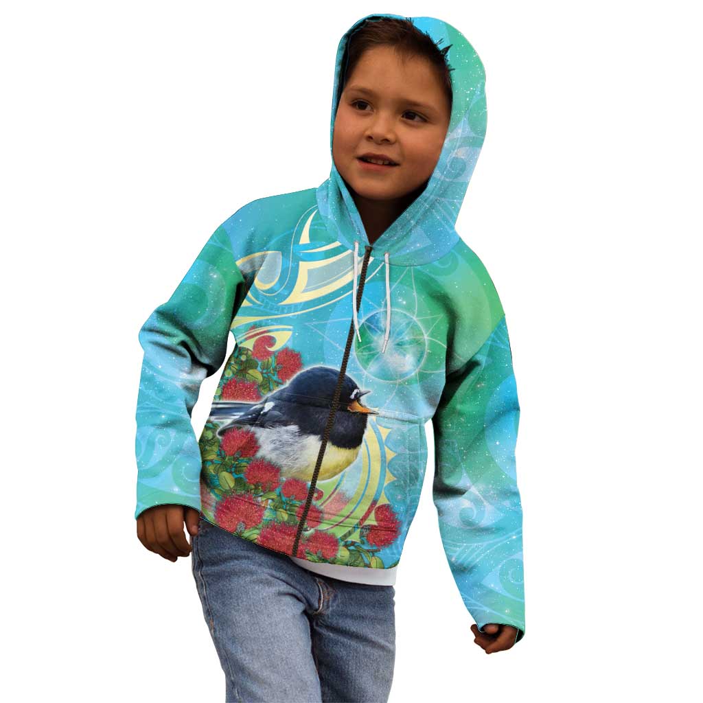 New Zealand Tomtit Kid Hoodie Maori Koru With Pohutukawa Galaxy Style - Aussie Hoodie
