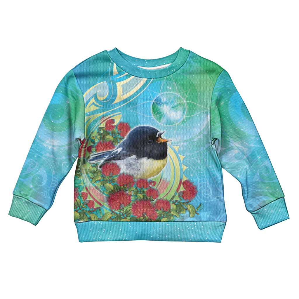 New Zealand Tomtit Kid Ugly Christmas Sweater Maori Koru With Pohutukawa Galaxy Style - Aussie Hoodie