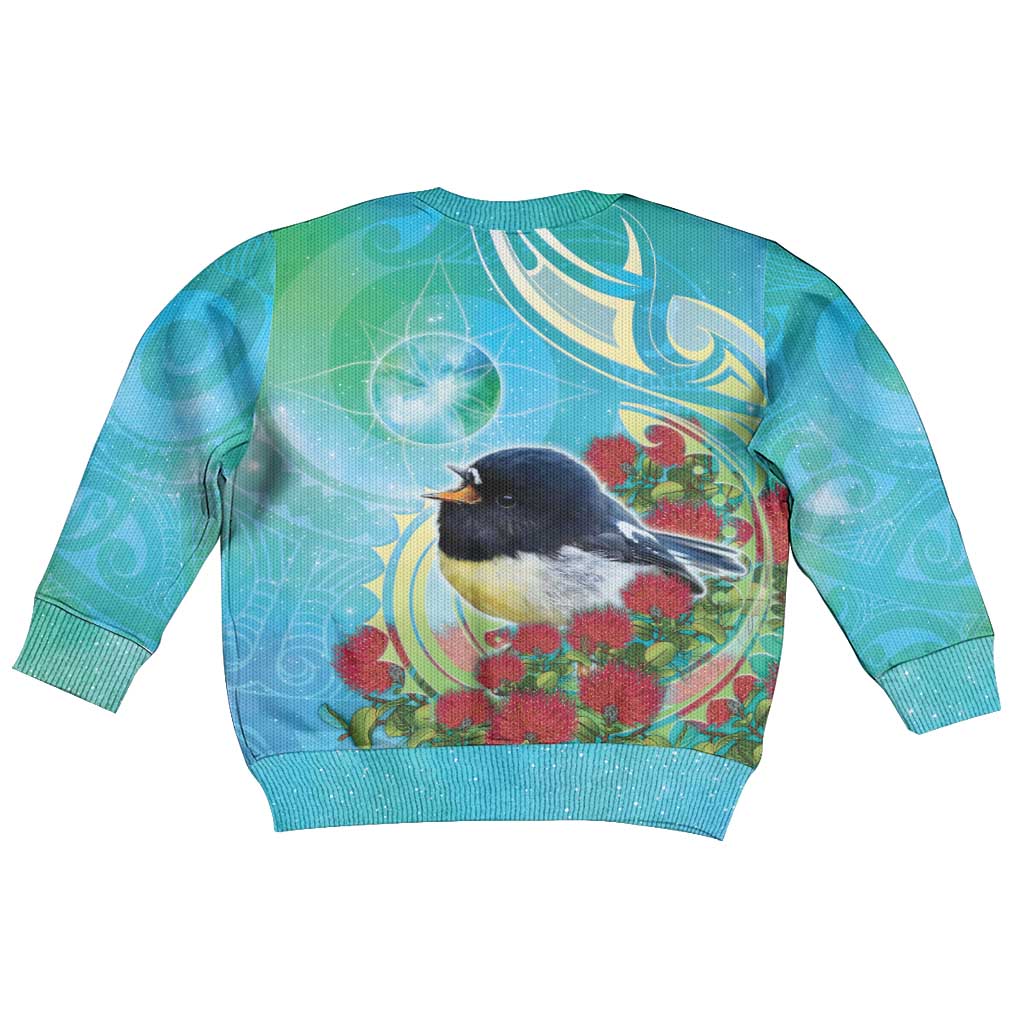 New Zealand Tomtit Kid Ugly Christmas Sweater Maori Koru With Pohutukawa Galaxy Style - Aussie Hoodie