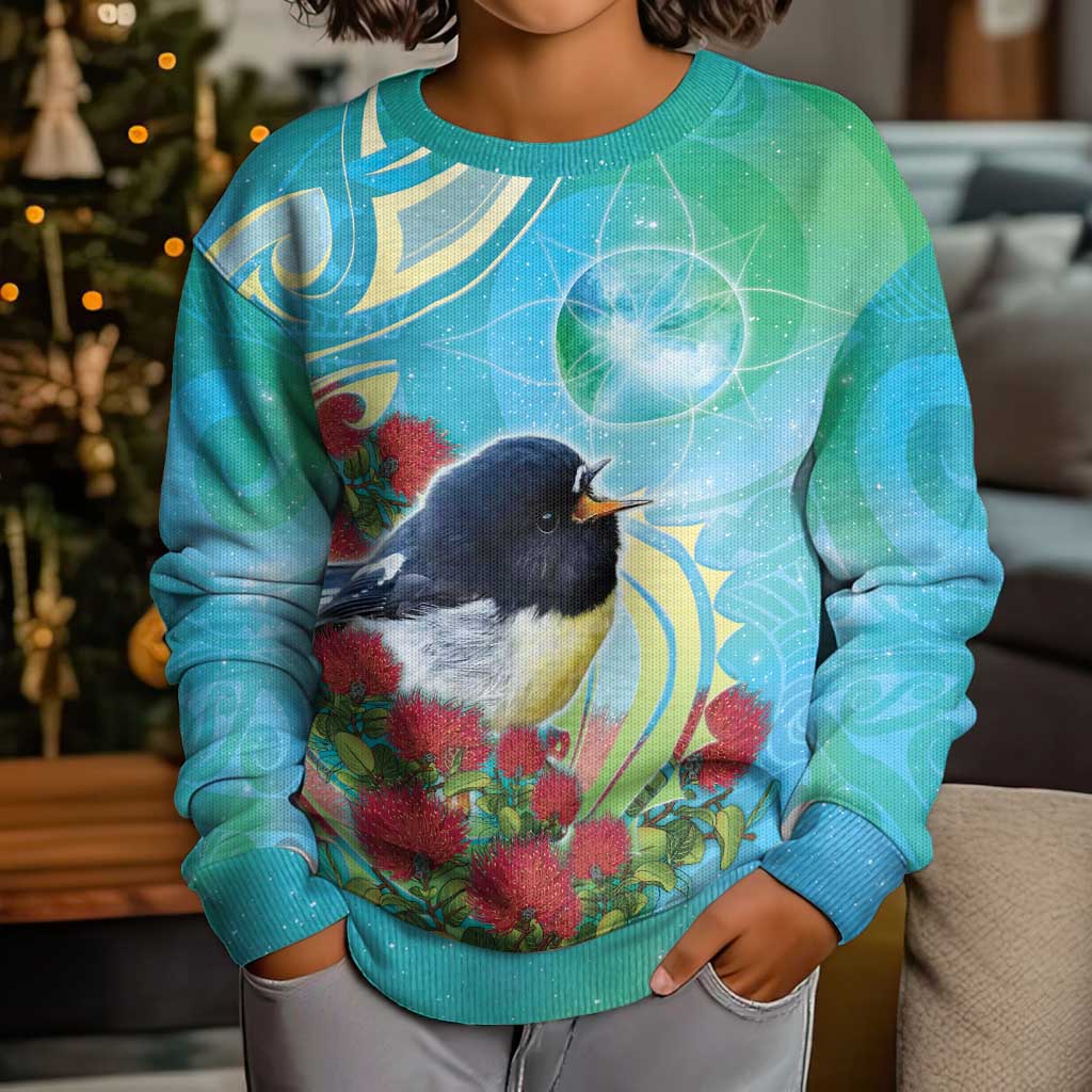 New Zealand Tomtit Kid Ugly Christmas Sweater Maori Koru With Pohutukawa Galaxy Style - Aussie Hoodie