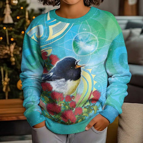 New Zealand Tomtit Kid Ugly Christmas Sweater Maori Koru With Pohutukawa Galaxy Style - Aussie Hoodie