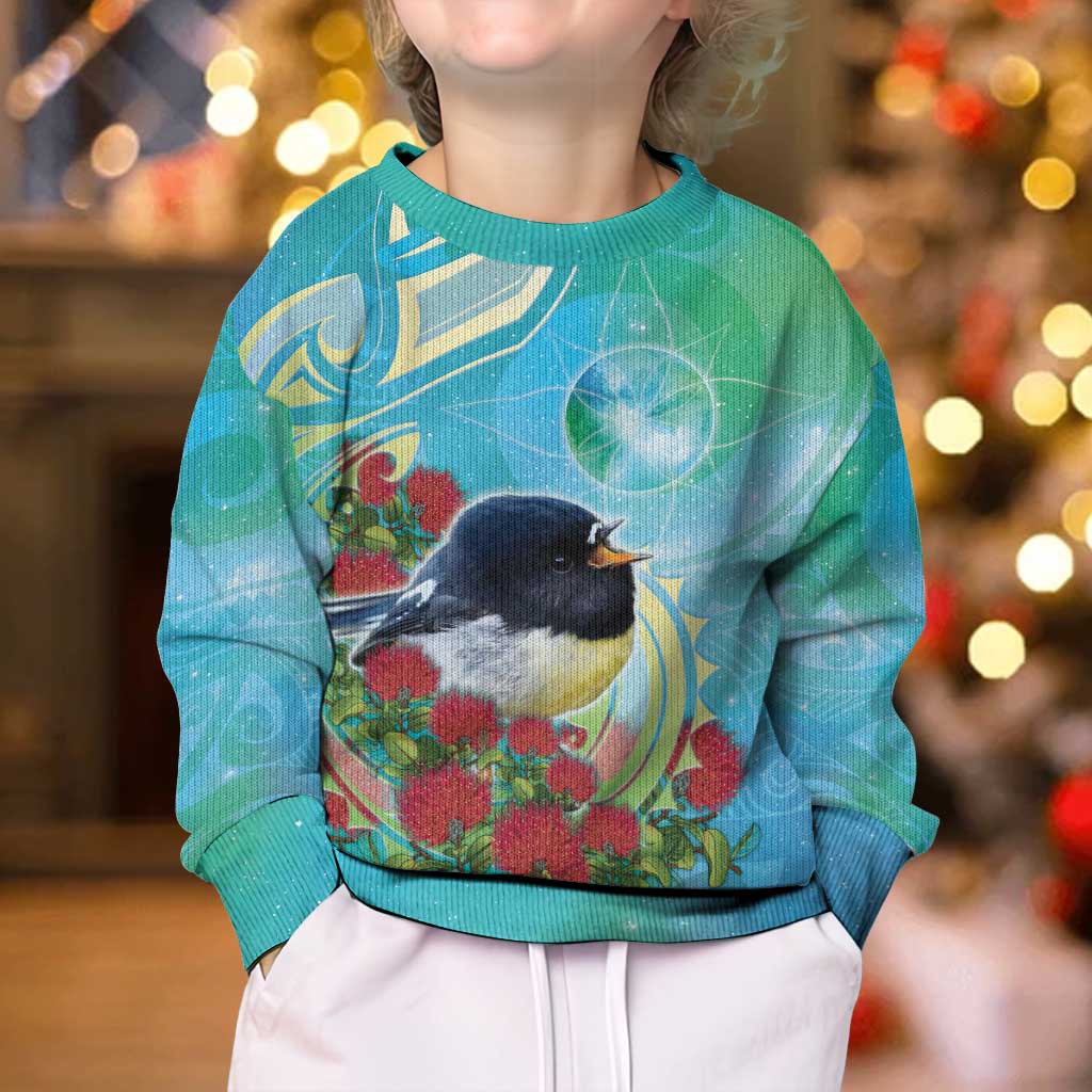 New Zealand Tomtit Kid Ugly Christmas Sweater Maori Koru With Pohutukawa Galaxy Style - Aussie Hoodie