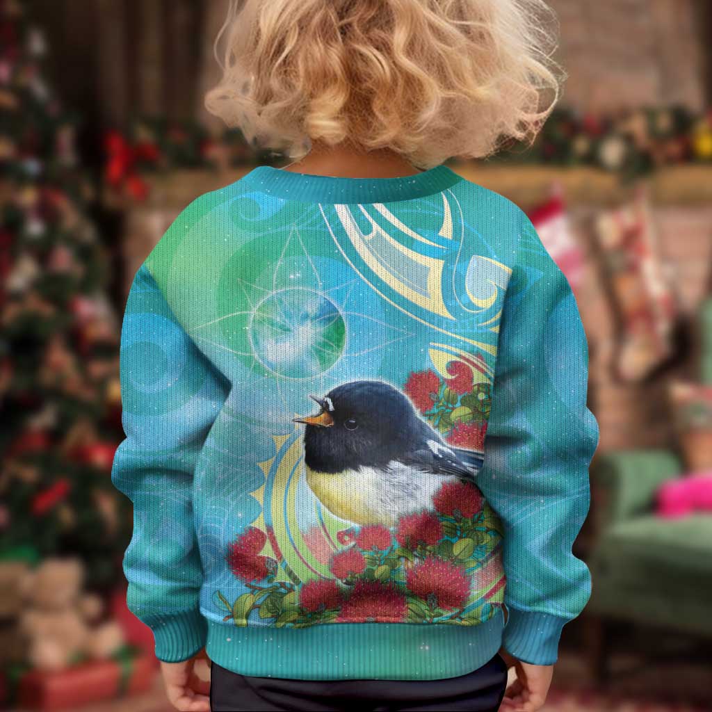 New Zealand Tomtit Kid Ugly Christmas Sweater Maori Koru With Pohutukawa Galaxy Style - Aussie Hoodie
