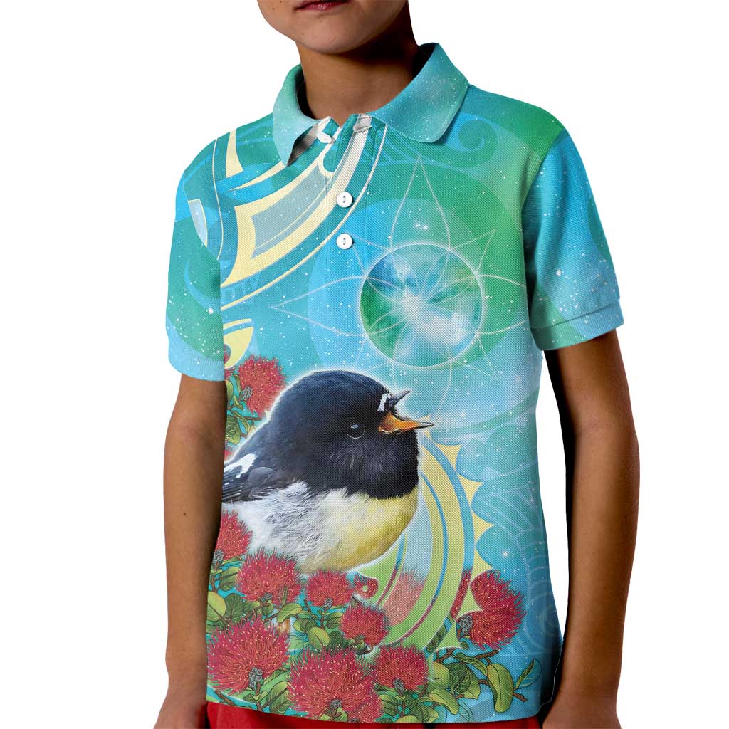 New Zealand Tomtit Kid Polo Shirt Maori Koru With Pohutukawa Galaxy Style - Aussie Hoodie