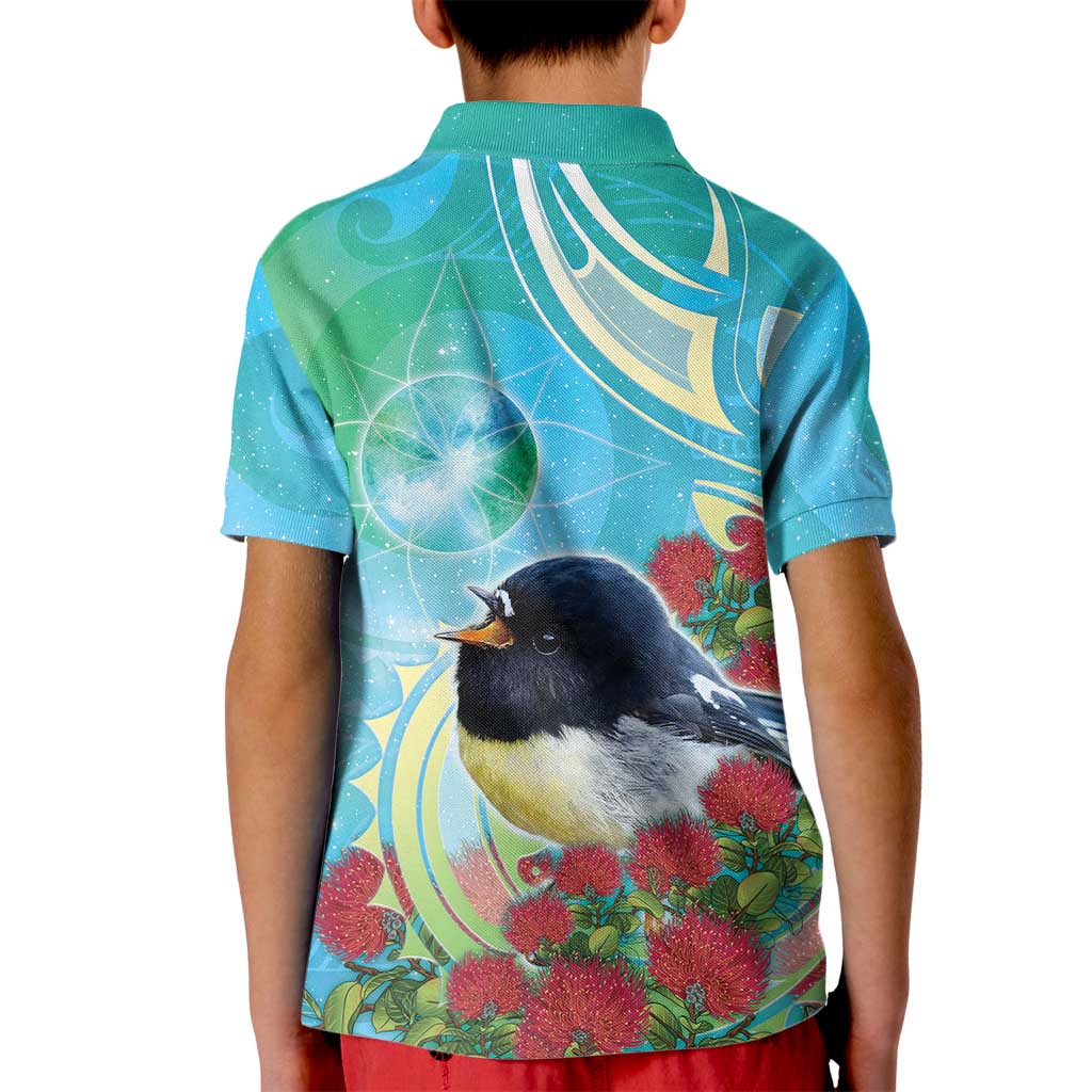 New Zealand Tomtit Kid Polo Shirt Maori Koru With Pohutukawa Galaxy Style - Aussie Hoodie
