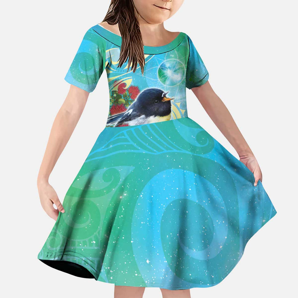 New Zealand Tomtit Kid Short Sleeve Dress Maori Koru With Pohutukawa Galaxy Style - Aussie Hoodie