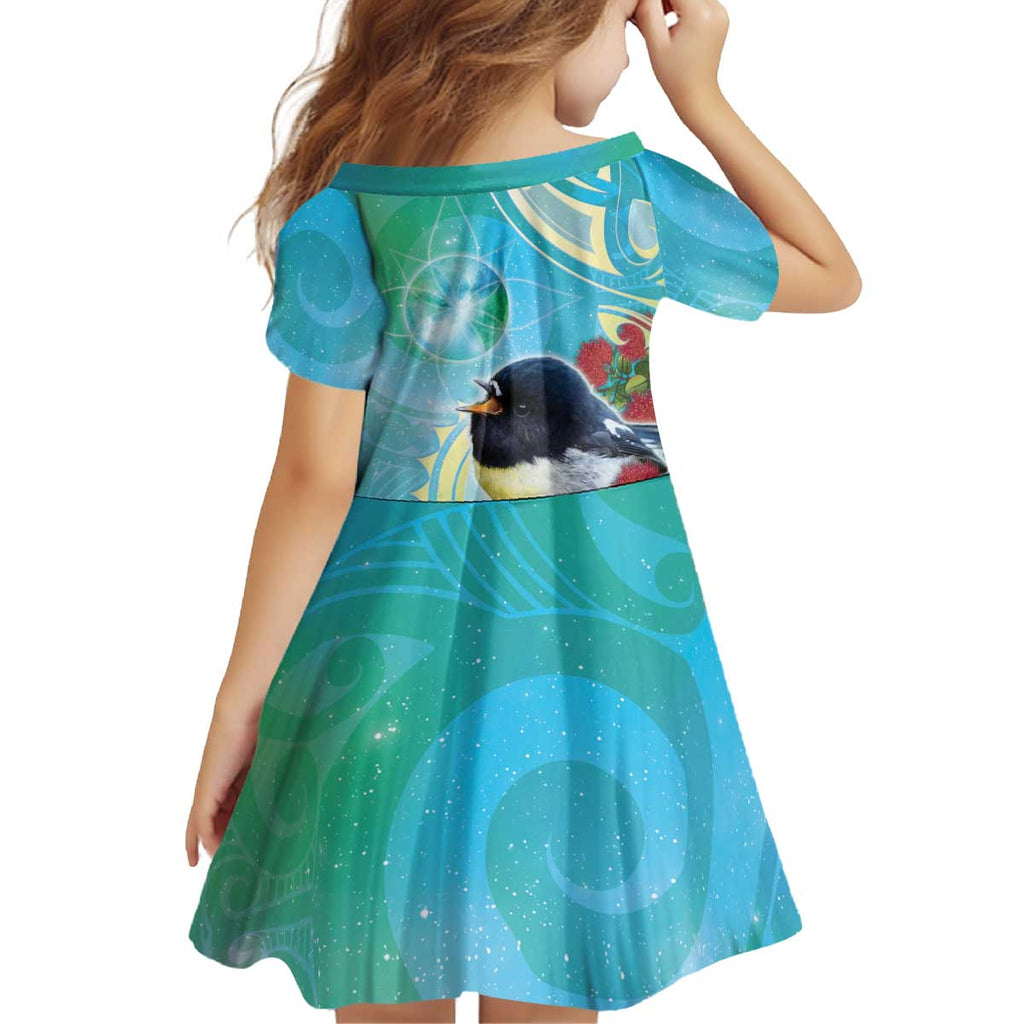 New Zealand Tomtit Kid Short Sleeve Dress Maori Koru With Pohutukawa Galaxy Style - Aussie Hoodie