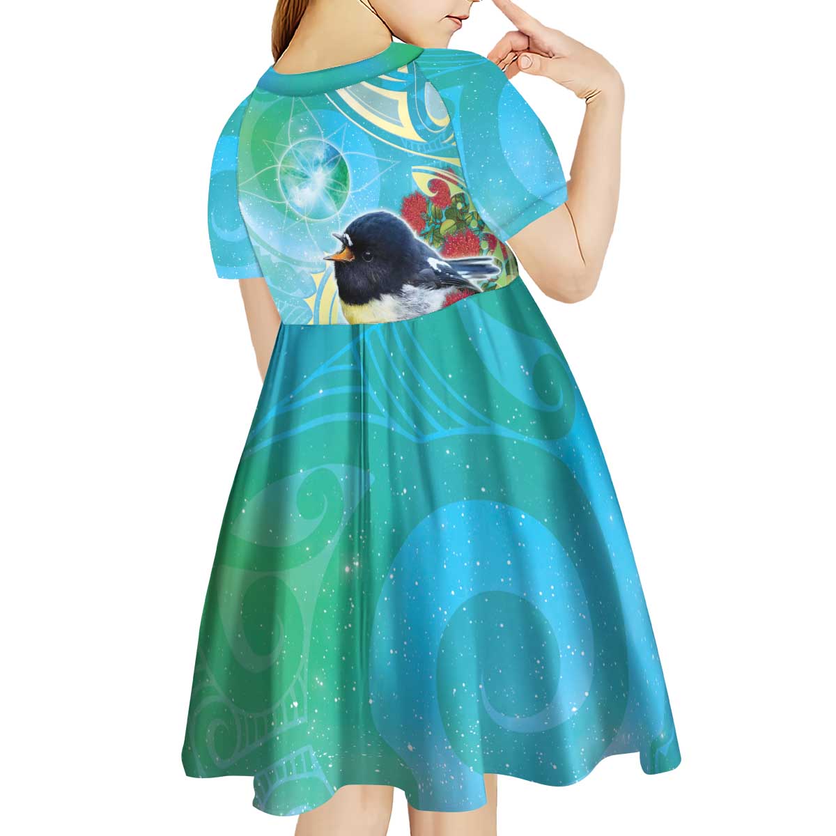 New Zealand Tomtit Kid Short Sleeve Dress Maori Koru With Pohutukawa Galaxy Style - Aussie Hoodie