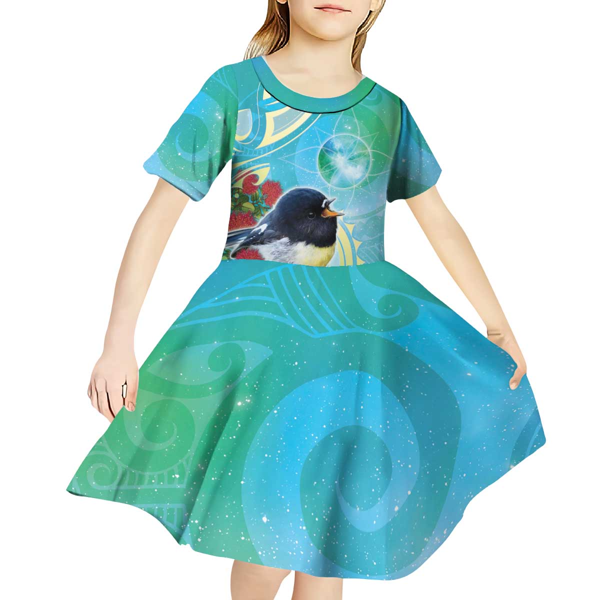 New Zealand Tomtit Kid Short Sleeve Dress Maori Koru With Pohutukawa Galaxy Style - Aussie Hoodie