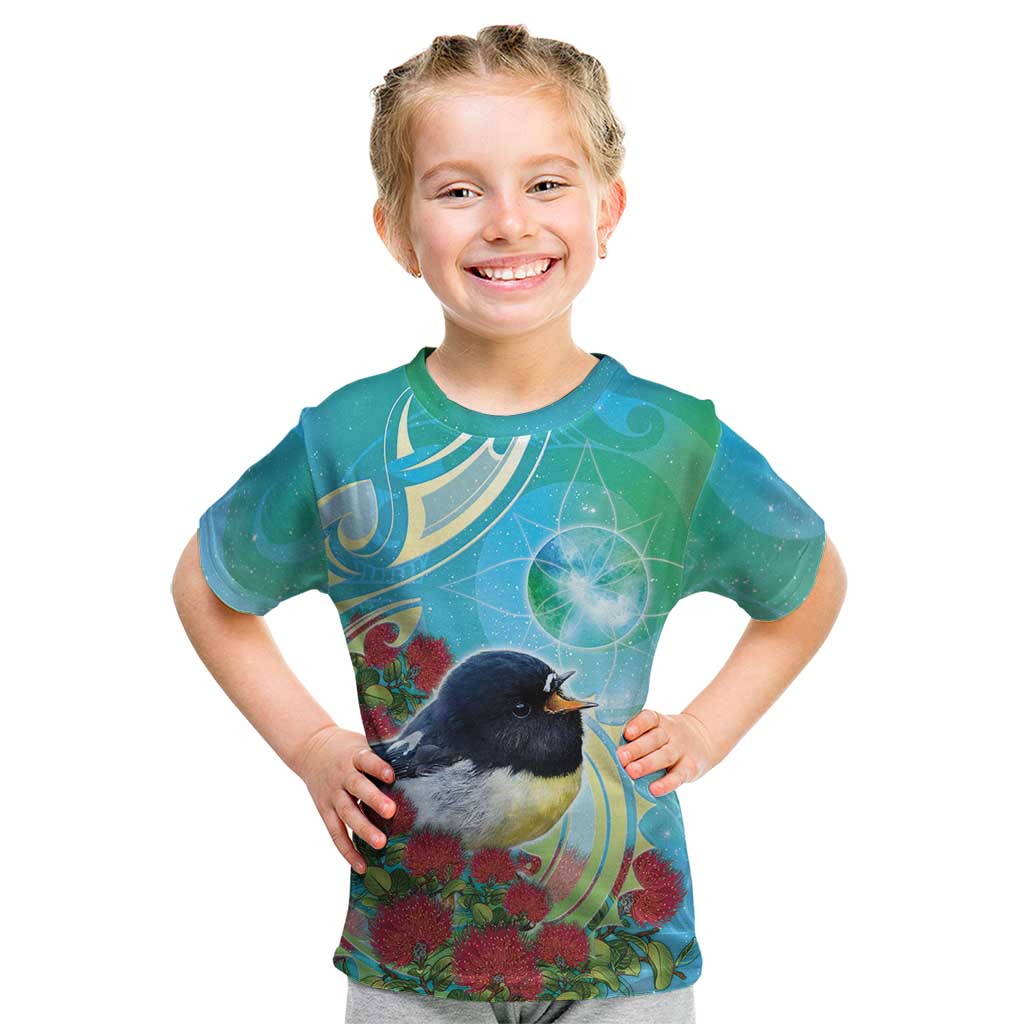 New Zealand Tomtit Kid T Shirt Maori Koru With Pohutukawa Galaxy Style - Aussie Hoodie