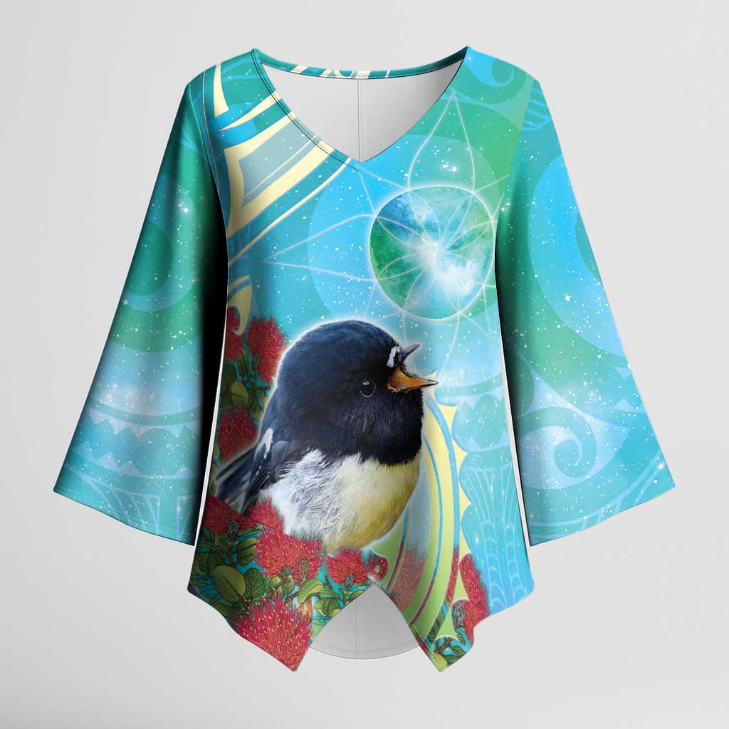 New Zealand Tomtit Kimono Sleeve Blouse Maori Koru With Pohutukawa Galaxy Style - Aussie Hoodie