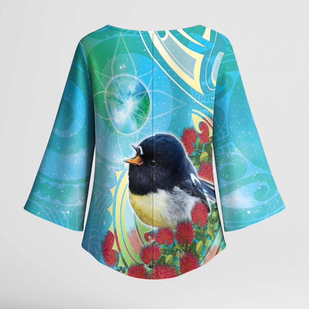 New Zealand Tomtit Kimono Sleeve Blouse Maori Koru With Pohutukawa Galaxy Style - Aussie Hoodie