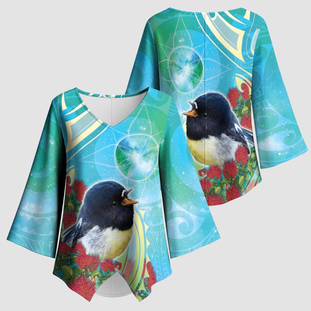 New Zealand Tomtit Kimono Sleeve Blouse Maori Koru With Pohutukawa Galaxy Style - Aussie Hoodie