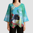 New Zealand Tomtit Kimono Sleeve Blouse Maori Koru With Pohutukawa Galaxy Style - Aussie Hoodie