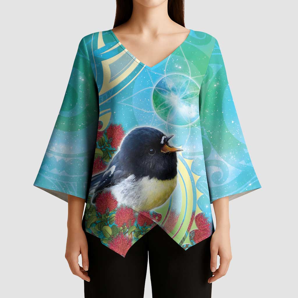 New Zealand Tomtit Kimono Sleeve Blouse Maori Koru With Pohutukawa Galaxy Style - Aussie Hoodie