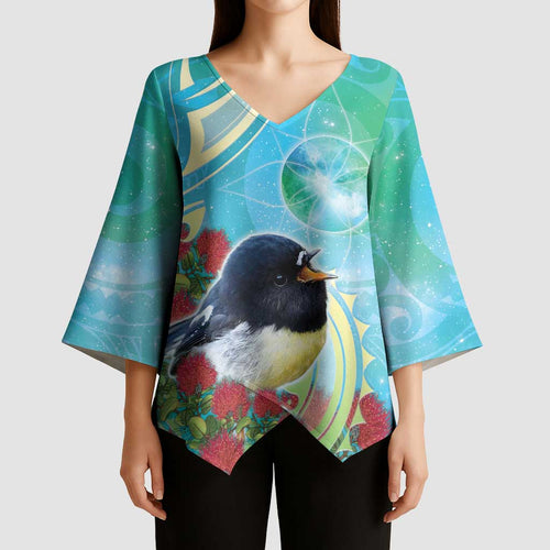 New Zealand Tomtit Kimono Sleeve Blouse Maori Koru With Pohutukawa Galaxy Style - Aussie Hoodie