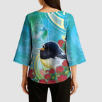 New Zealand Tomtit Kimono Sleeve Blouse Maori Koru With Pohutukawa Galaxy Style - Aussie Hoodie