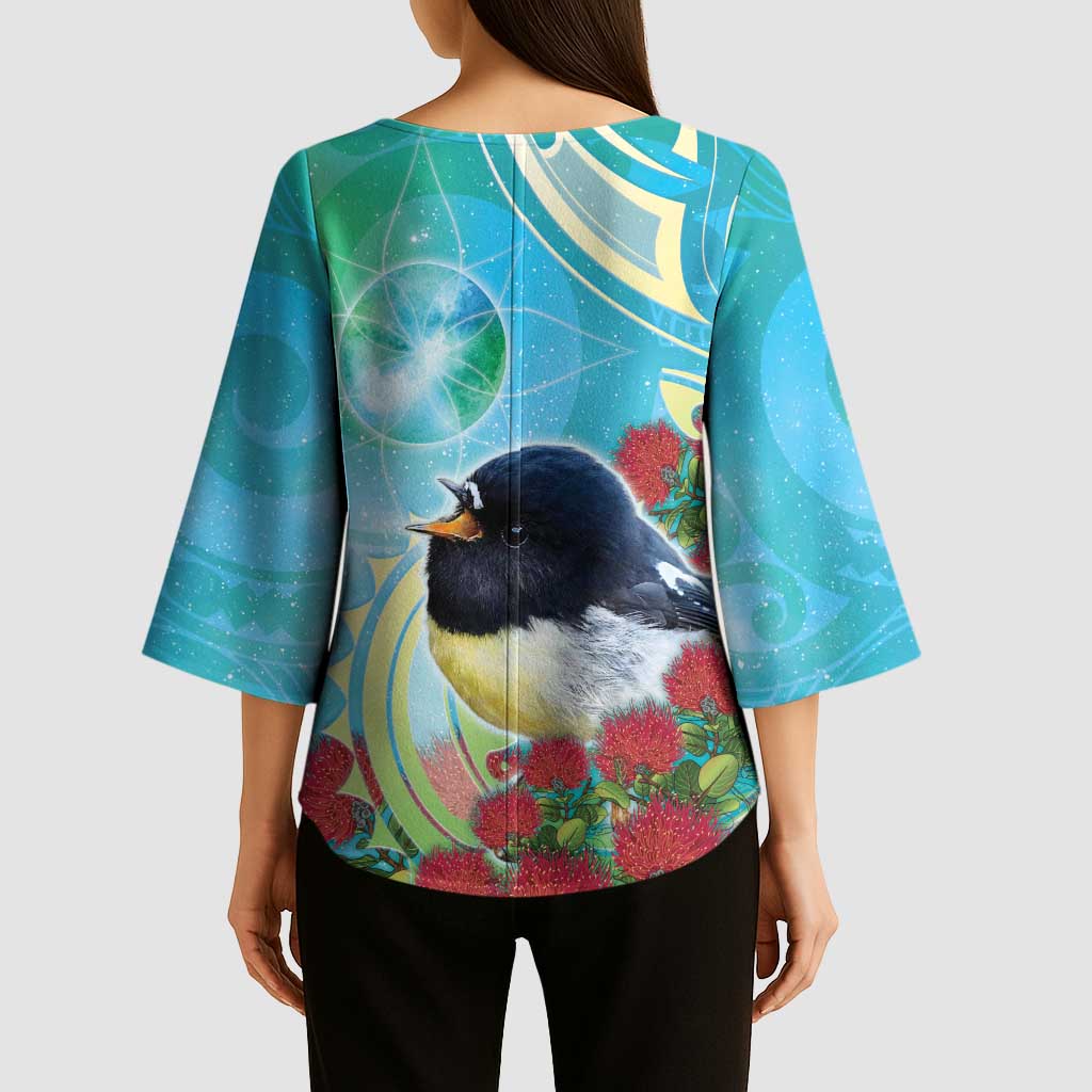 New Zealand Tomtit Kimono Sleeve Blouse Maori Koru With Pohutukawa Galaxy Style - Aussie Hoodie