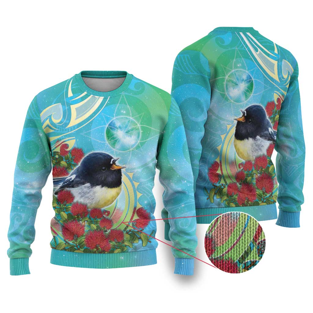 New Zealand Tomtit Ugly Christmas Sweater Maori Koru With Pohutukawa Galaxy Style - Aussie Hoodie