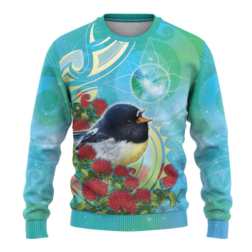 New Zealand Tomtit Ugly Christmas Sweater Maori Koru With Pohutukawa Galaxy Style - Aussie Hoodie