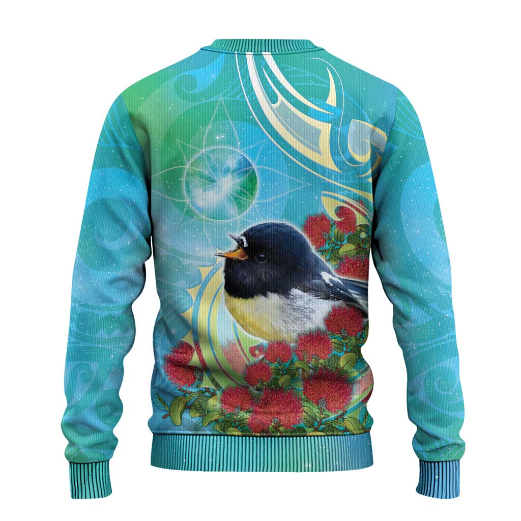 New Zealand Tomtit Ugly Christmas Sweater Maori Koru With Pohutukawa Galaxy Style - Aussie Hoodie