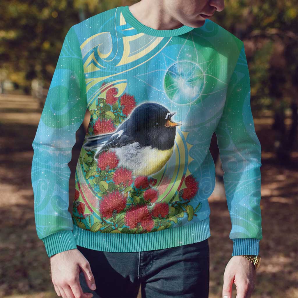 New Zealand Tomtit Ugly Christmas Sweater Maori Koru With Pohutukawa Galaxy Style - Aussie Hoodie