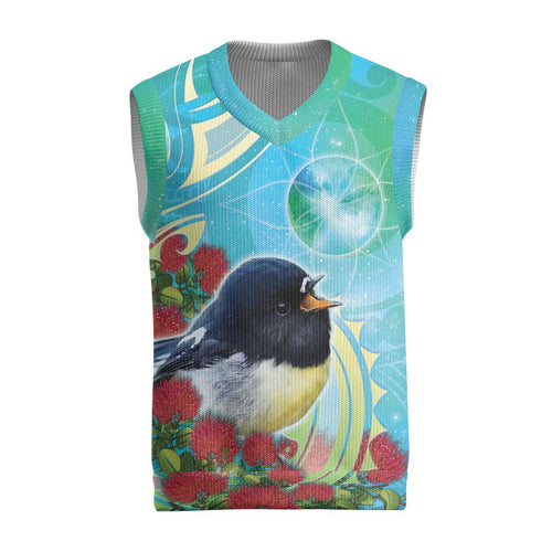 New Zealand Tomtit Christmas Knitted V-Neck Vest Maori Koru With Pohutukawa Galaxy Style - Aussie Hoodie