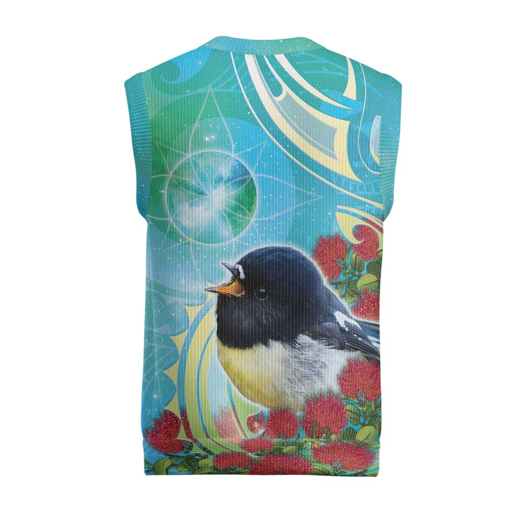 New Zealand Tomtit Christmas Knitted V-Neck Vest Maori Koru With Pohutukawa Galaxy Style - Aussie Hoodie