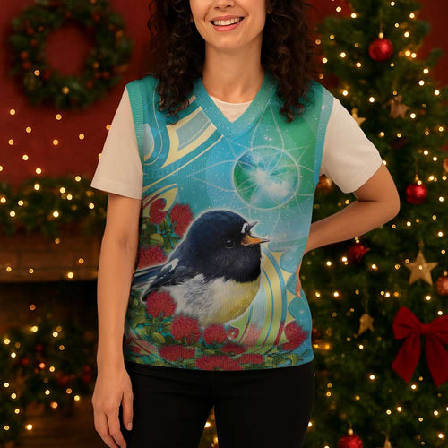 New Zealand Tomtit Christmas Knitted V-Neck Vest Maori Koru With Pohutukawa Galaxy Style - Aussie Hoodie