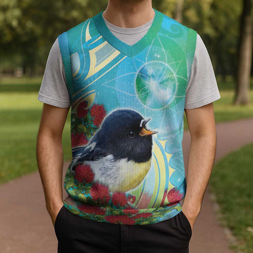 New Zealand Tomtit Christmas Knitted V-Neck Vest Maori Koru With Pohutukawa Galaxy Style - Aussie Hoodie