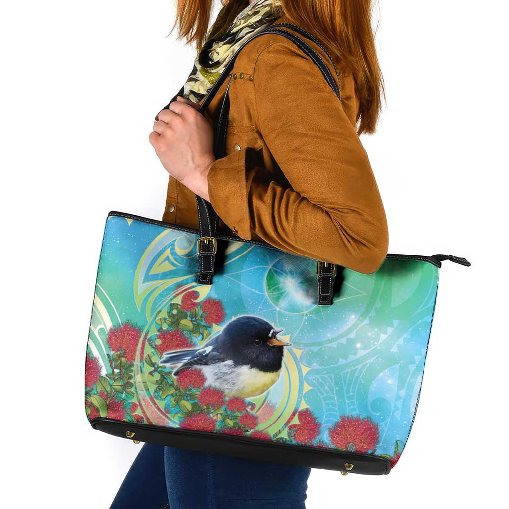 New Zealand Tomtit Leather Tote Bag Maori Koru With Pohutukawa Galaxy Style - Aussie Hoodie