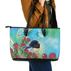 New Zealand Tomtit Leather Tote Bag Maori Koru With Pohutukawa Galaxy Style - Aussie Hoodie