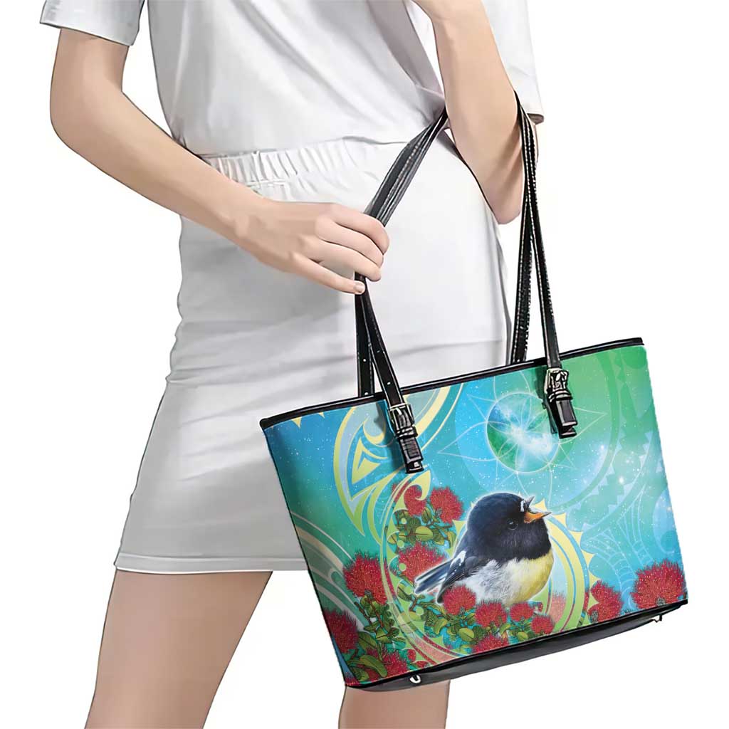 New Zealand Tomtit Leather Tote Bag Maori Koru With Pohutukawa Galaxy Style - Aussie Hoodie