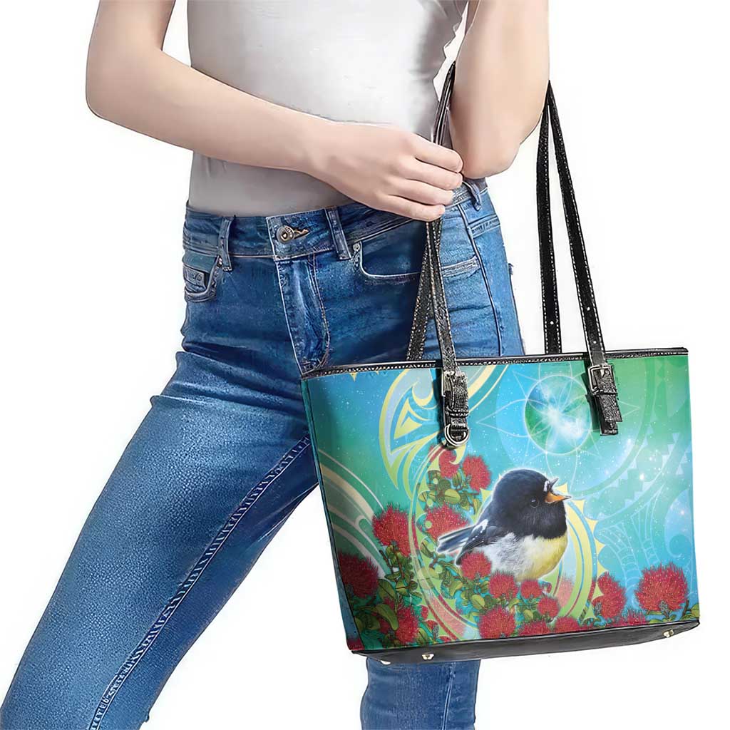 New Zealand Tomtit Leather Tote Bag Maori Koru With Pohutukawa Galaxy Style - Aussie Hoodie