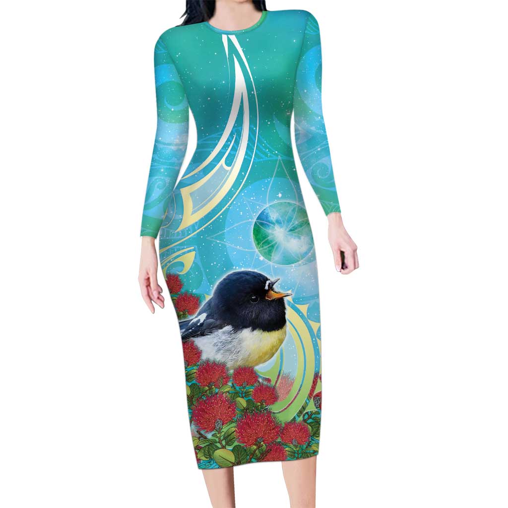 New Zealand Tomtit Long Sleeve Bodycon Dress Maori Koru With Pohutukawa Galaxy Style - Aussie Hoodie