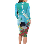 New Zealand Tomtit Long Sleeve Bodycon Dress Maori Koru With Pohutukawa Galaxy Style - Aussie Hoodie