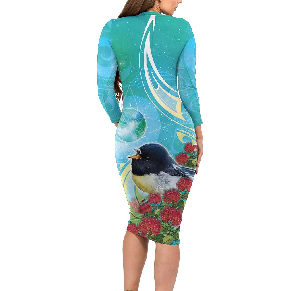 New Zealand Tomtit Long Sleeve Bodycon Dress Maori Koru With Pohutukawa Galaxy Style - Aussie Hoodie