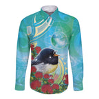 New Zealand Tomtit Long Sleeve Button Shirt Maori Koru With Pohutukawa Galaxy Style - Aussie Hoodie