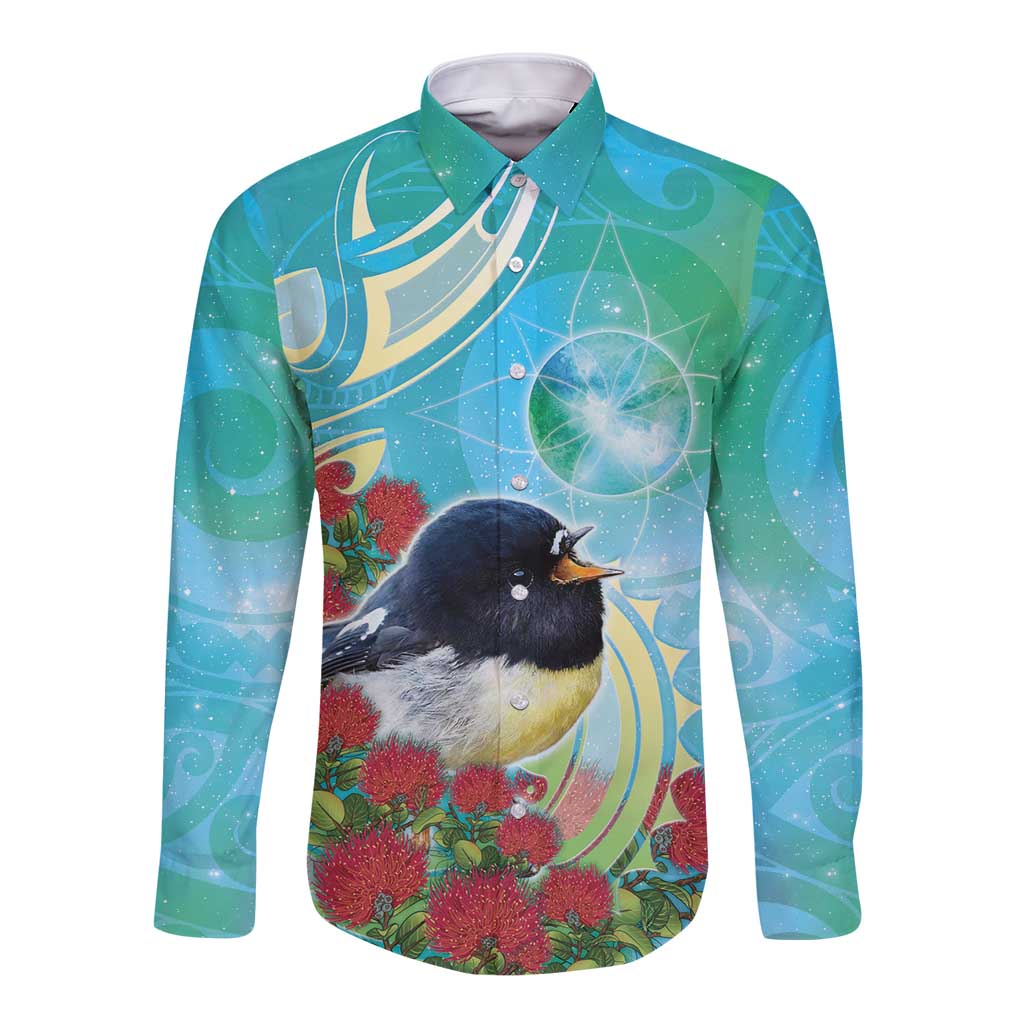 New Zealand Tomtit Long Sleeve Button Shirt Maori Koru With Pohutukawa Galaxy Style - Aussie Hoodie