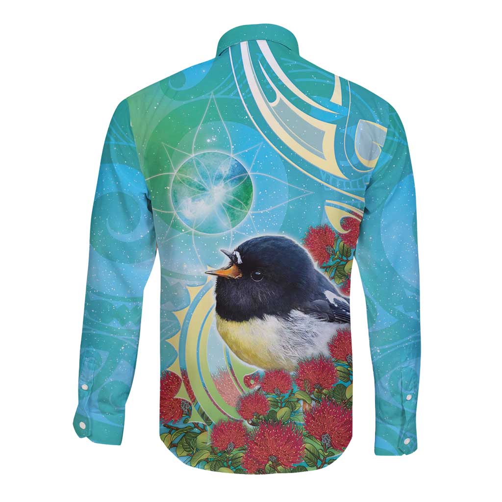 New Zealand Tomtit Long Sleeve Button Shirt Maori Koru With Pohutukawa Galaxy Style - Aussie Hoodie