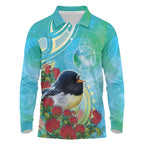 New Zealand Tomtit Long Sleeve Polo Shirt Maori Koru With Pohutukawa Galaxy Style - Aussie Hoodie