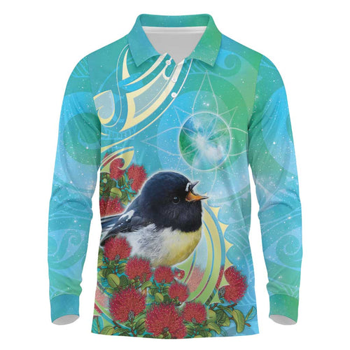 New Zealand Tomtit Long Sleeve Polo Shirt Maori Koru With Pohutukawa Galaxy Style - Aussie Hoodie