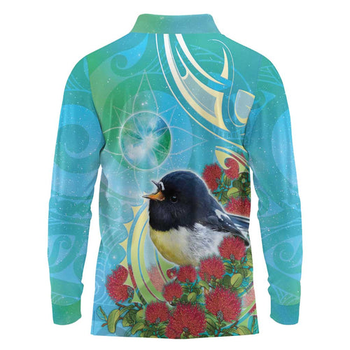 New Zealand Tomtit Long Sleeve Polo Shirt Maori Koru With Pohutukawa Galaxy Style - Aussie Hoodie