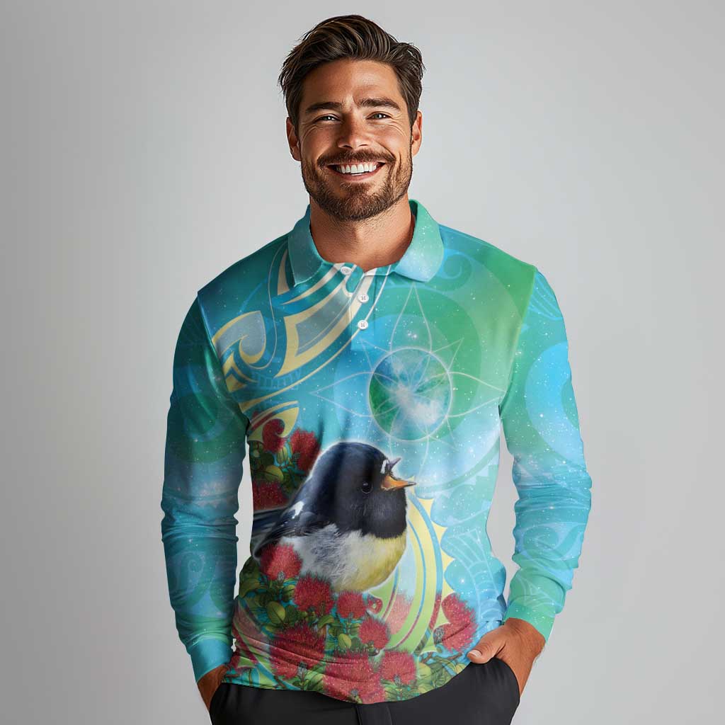 New Zealand Tomtit Long Sleeve Polo Shirt Maori Koru With Pohutukawa Galaxy Style - Aussie Hoodie