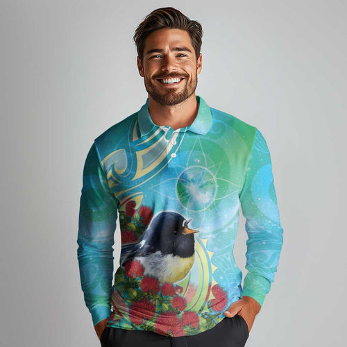 New Zealand Tomtit Long Sleeve Polo Shirt Maori Koru With Pohutukawa Galaxy Style - Aussie Hoodie