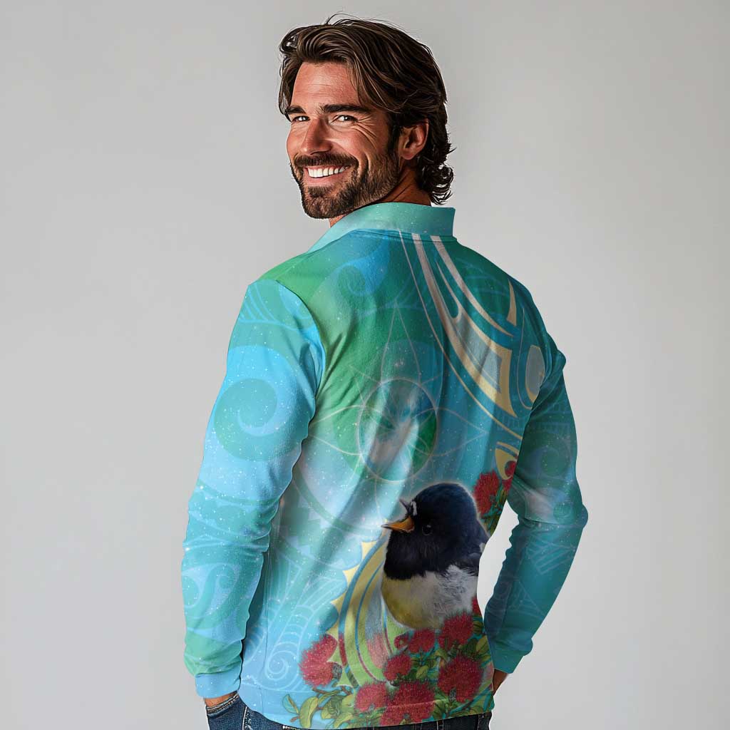 New Zealand Tomtit Long Sleeve Polo Shirt Maori Koru With Pohutukawa Galaxy Style - Aussie Hoodie