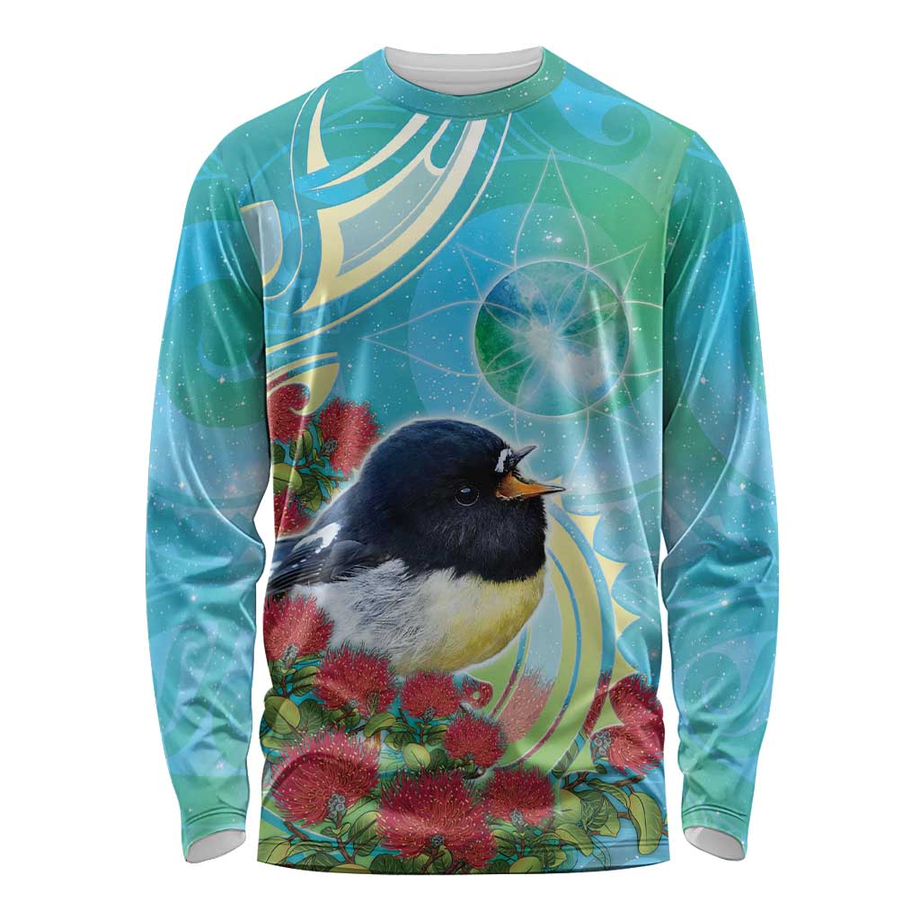 New Zealand Tomtit Long Sleeve Shirt Maori Koru With Pohutukawa Galaxy Style - Aussie Hoodie
