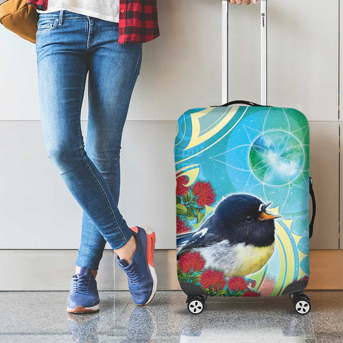 New Zealand Tomtit Luggage Cover Maori Koru With Pohutukawa Galaxy Style - Aussie Hoodie