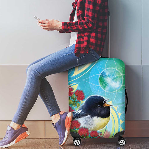 New Zealand Tomtit Luggage Cover Maori Koru With Pohutukawa Galaxy Style - Aussie Hoodie