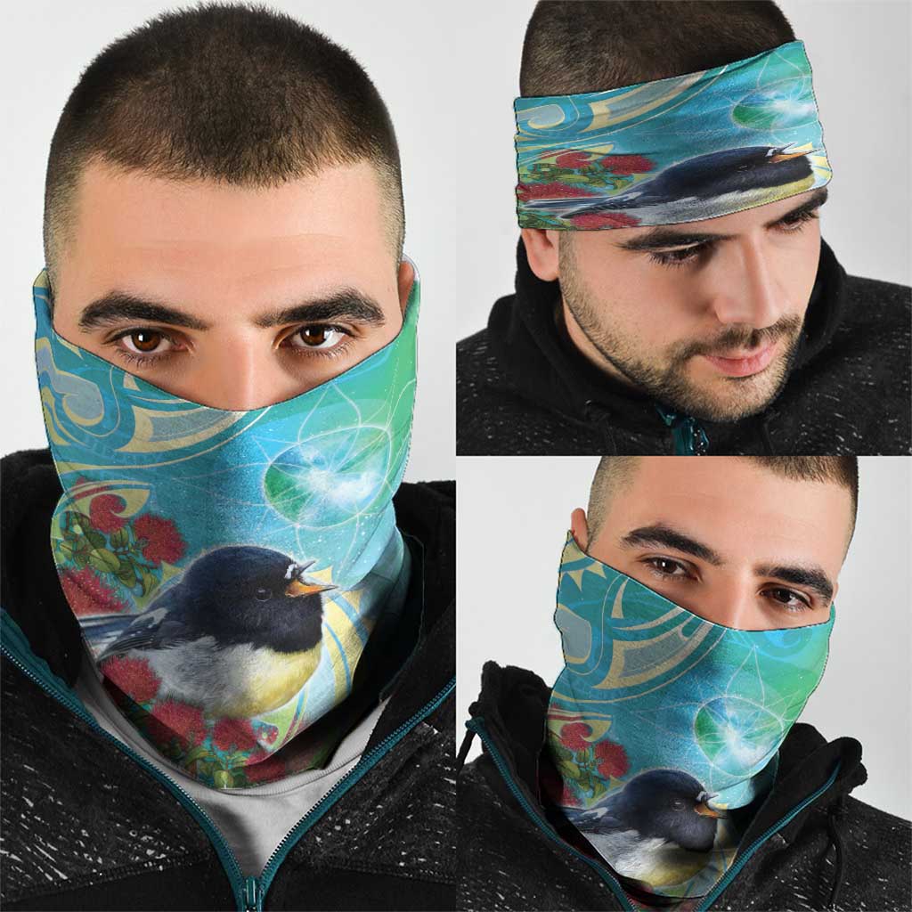 New Zealand Tomtit Neck Gaiter Maori Koru With Pohutukawa Galaxy Style - Aussie Hoodie